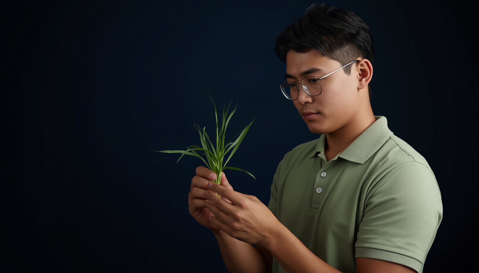 Young Filipino male agriculture student in green polo holding a rice seedling for ALE crop science reviewer Philippines 2026