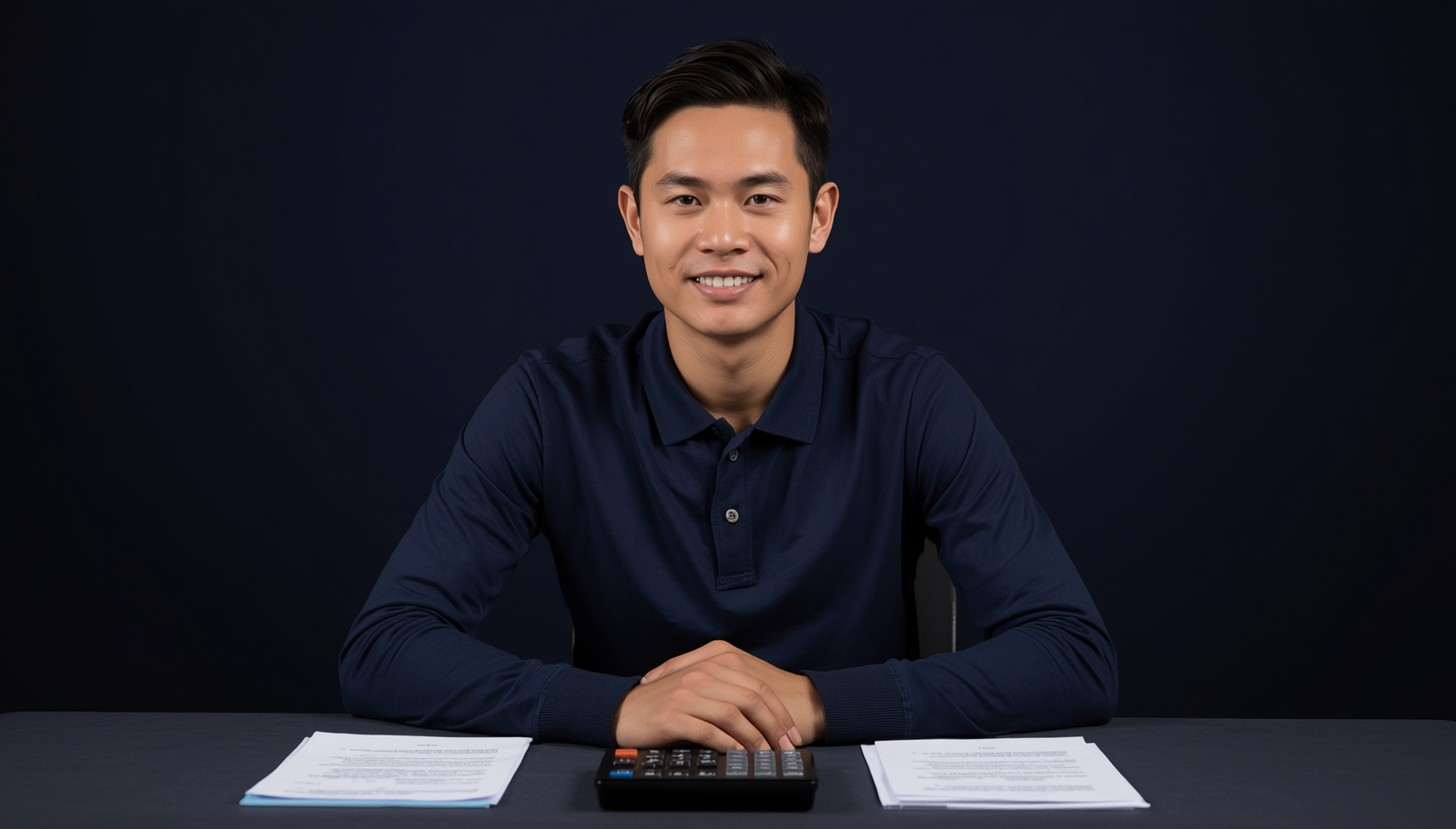 Young Filipino male agriculture graduate at desk with calculator and papers for ALE agricultural economics reviewer Philippines 2026