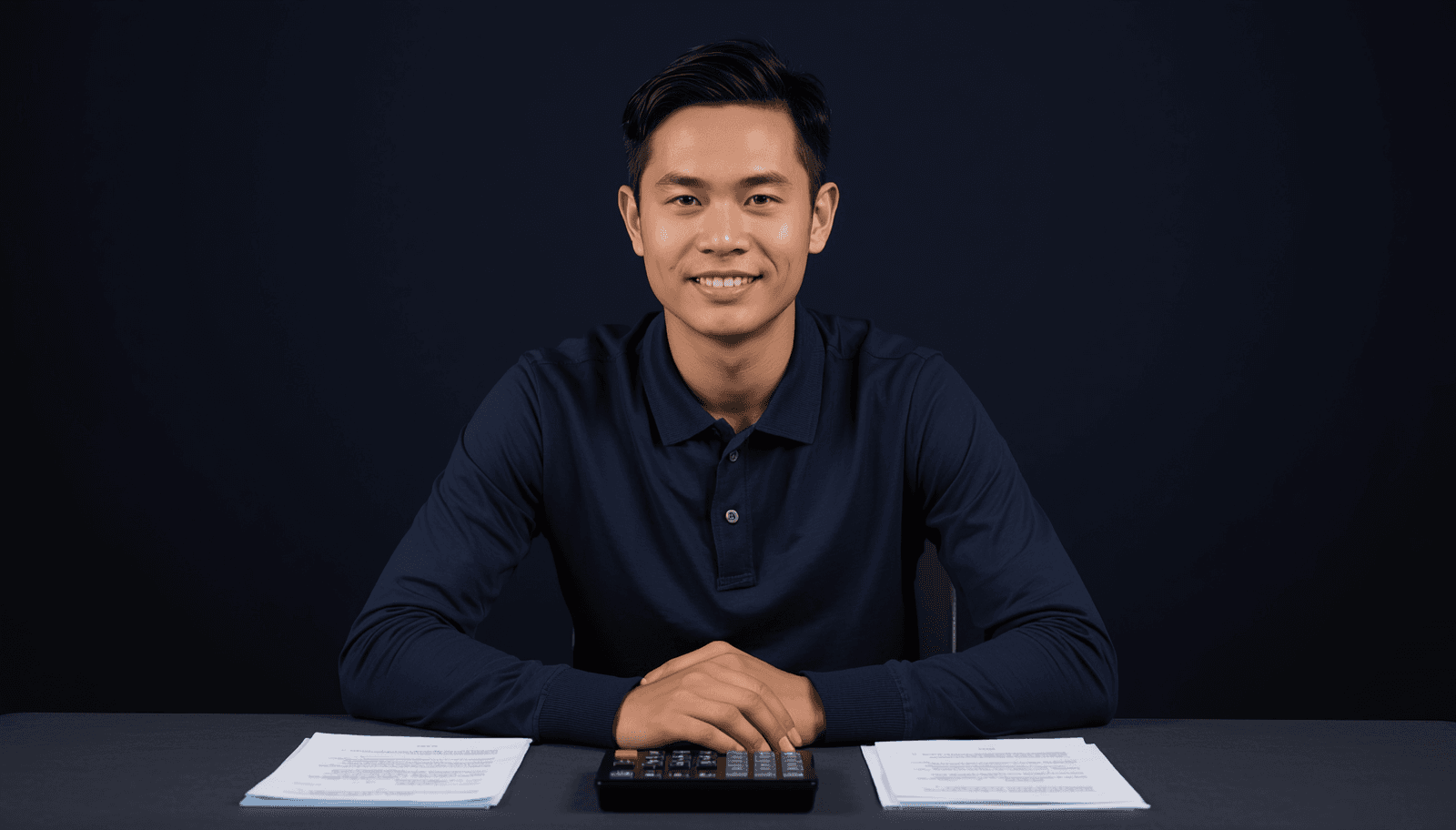 Young Filipino male agriculture graduate at desk with calculator and papers for ALE agricultural economics reviewer Philippines 2026