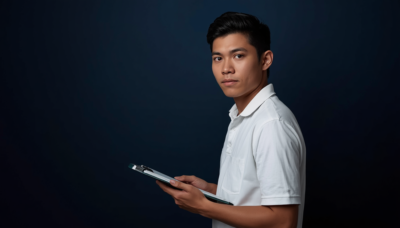 Young Filipino male agriculture student holding clipboard for ALE animal science reviewer Philippines 2026