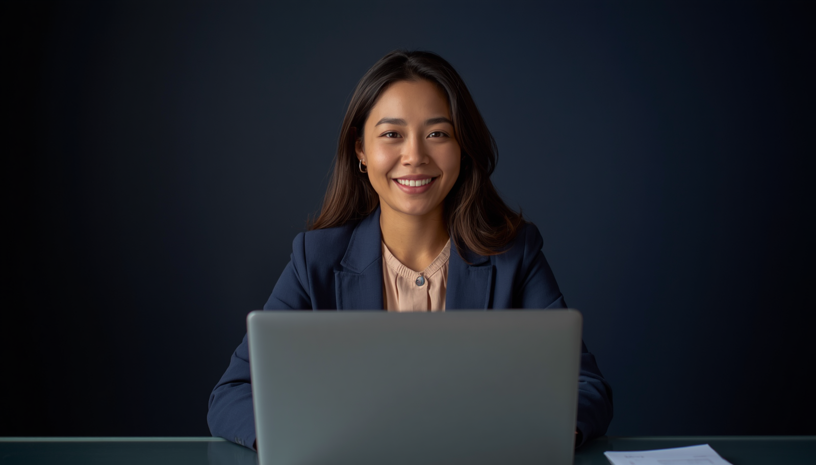 Young Filipino female agriculture graduate in navy blazer at laptop for ALE application guide Philippines 2026