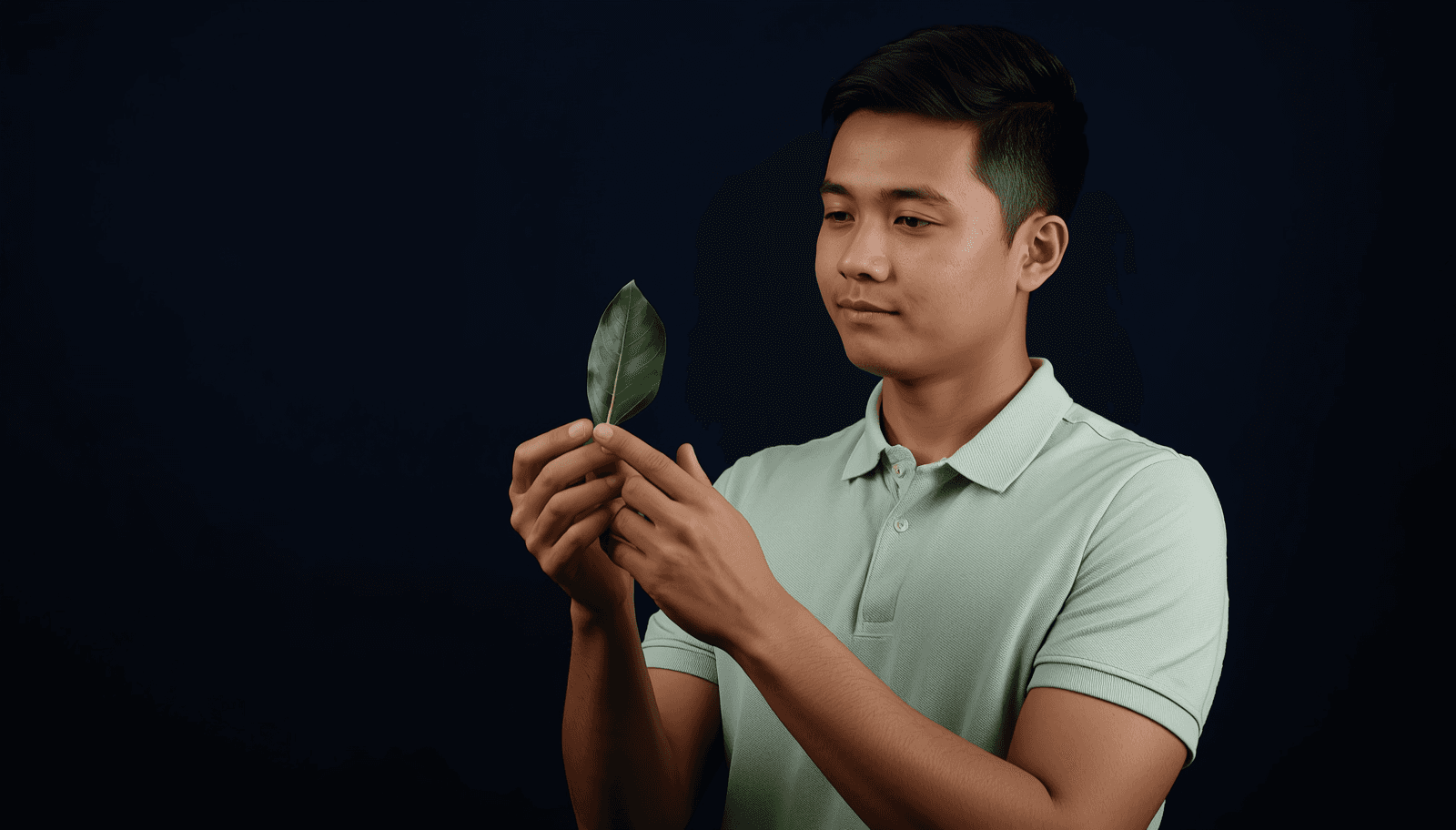 Young Filipino male agriculture graduate examining a green leaf for ALE plant pathology crop protection reviewer Philippines 2026