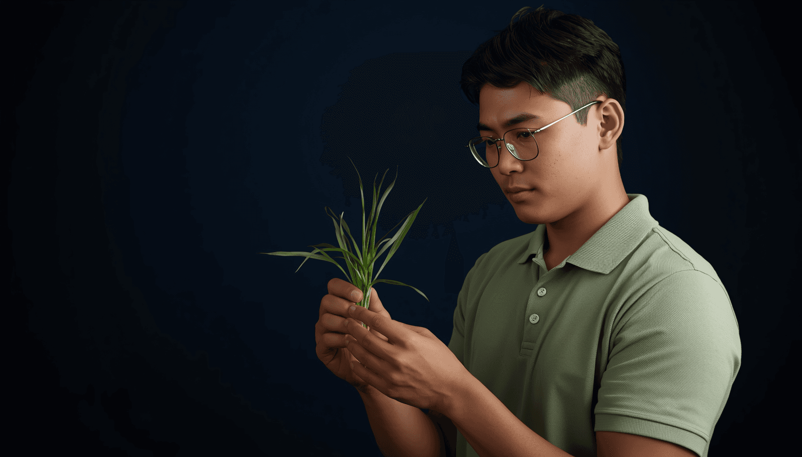 Young Filipino male agriculture student in green polo holding a rice seedling for ALE crop science reviewer Philippines 2026