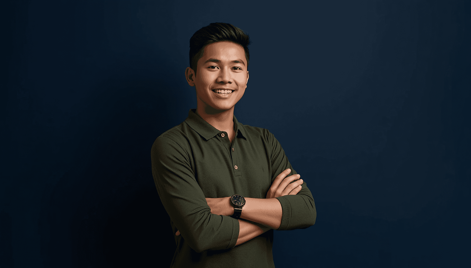 Young Filipino male agriculture graduate in olive green polo with arms crossed for ALE board exam guide Philippines 2026