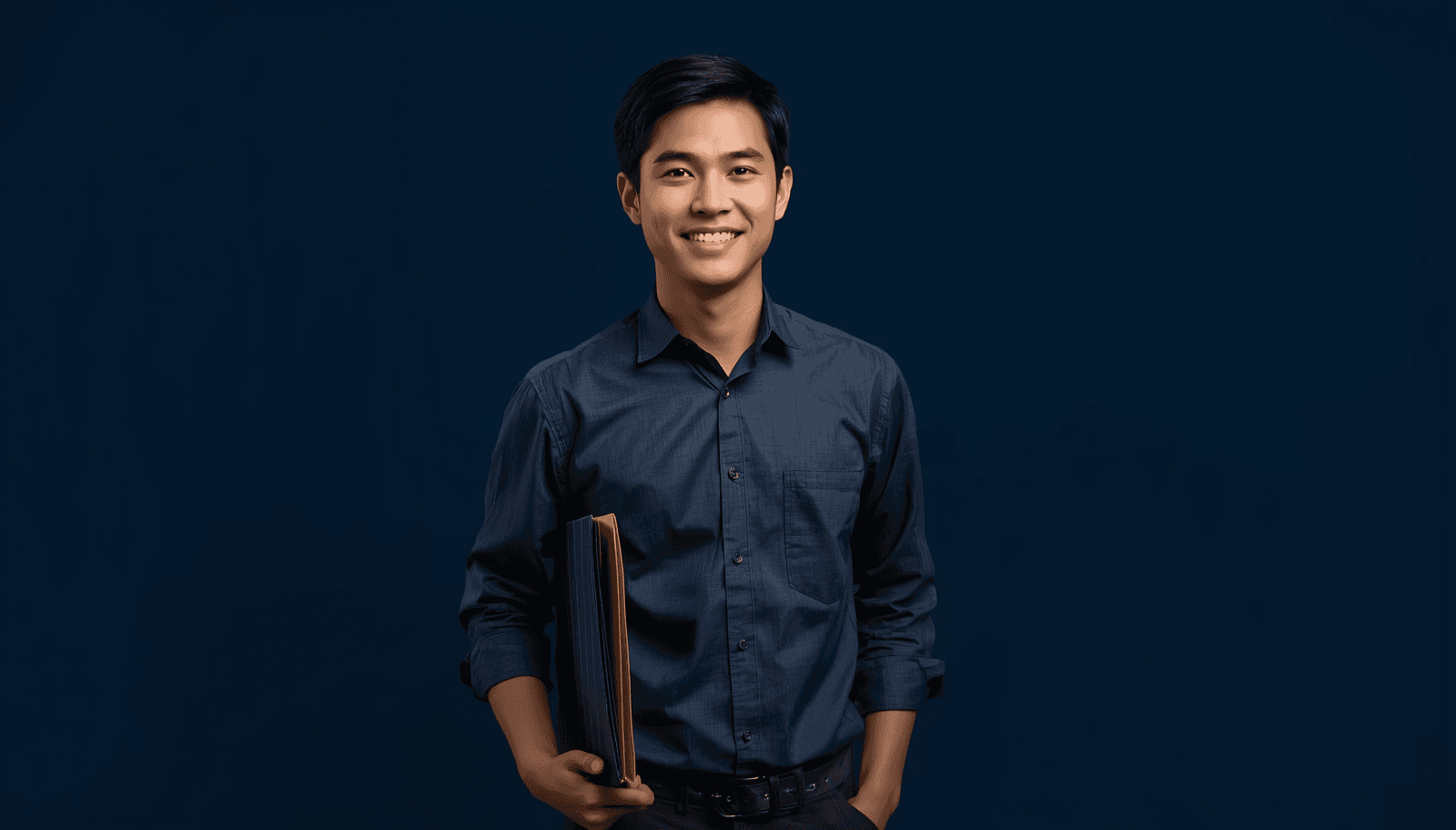 Young Filipino male teacher in navy shirt with arms crossed for LET coverage 2026 board exam Philippines