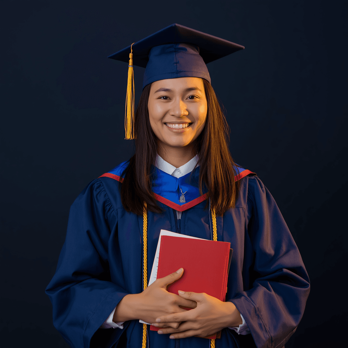 Filipino education graduate in academic gown holding books for LET general education reviewer Philippines 2026