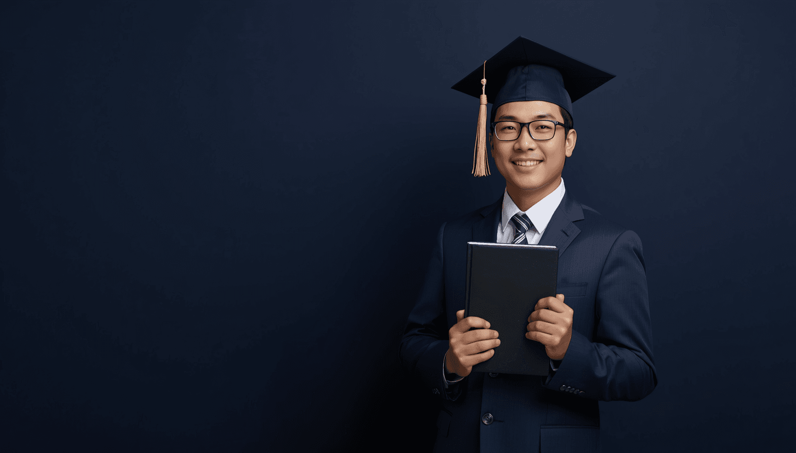 Education graduate in academic cap and gown holding a notebook preparing for the LET board exam Philippines 2026