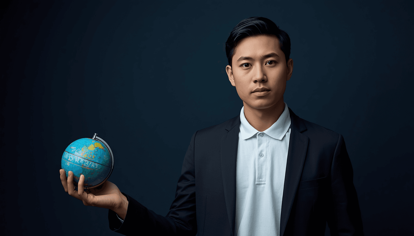 Young Filipino male science teacher in blazer holding a globe for LET secondary major science reviewer Philippines 2026