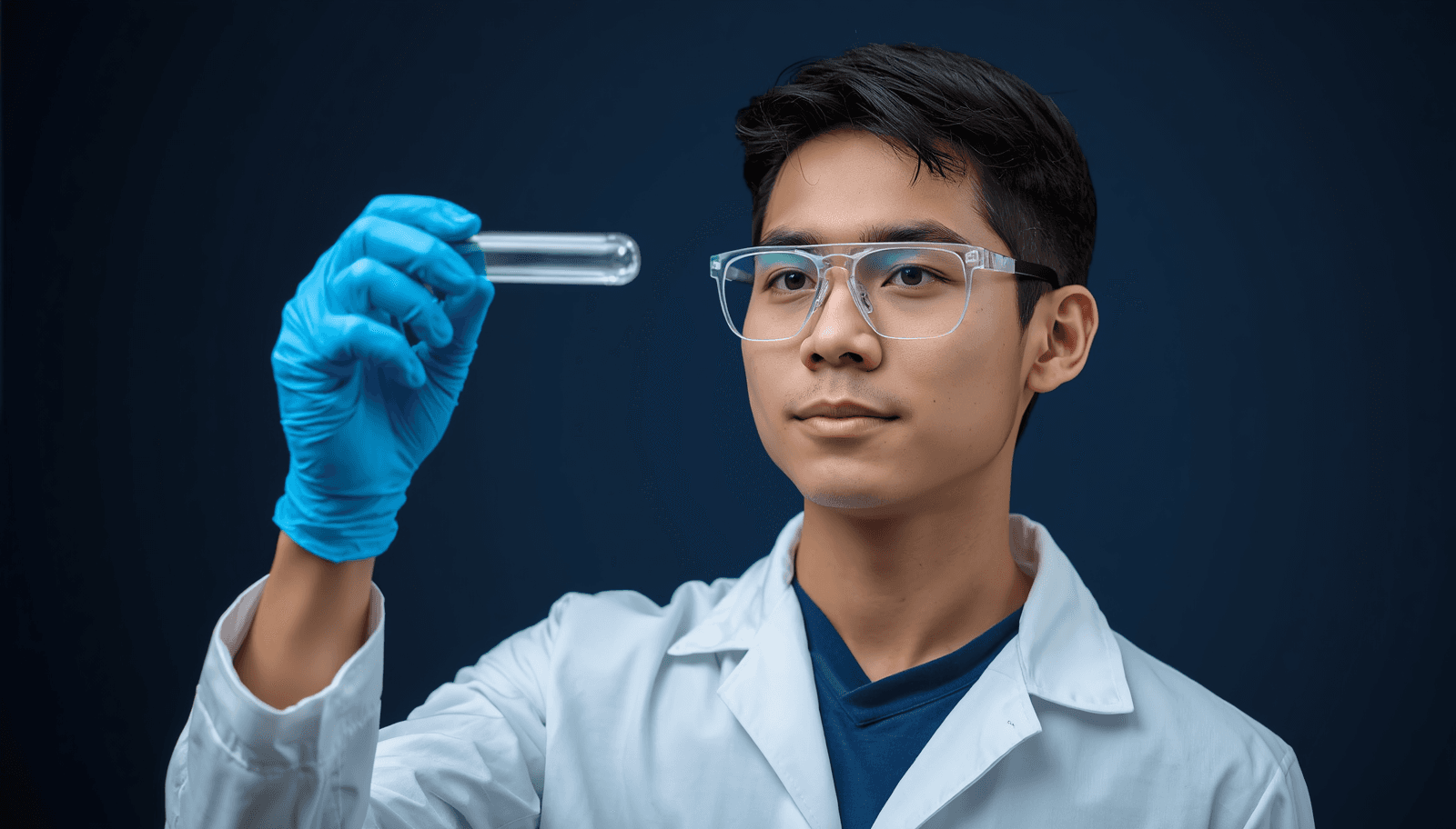 Young Filipino male medical technologist in white coat with safety glasses examining test tube for MTLE clinical chemistry reviewer Philippines 2026