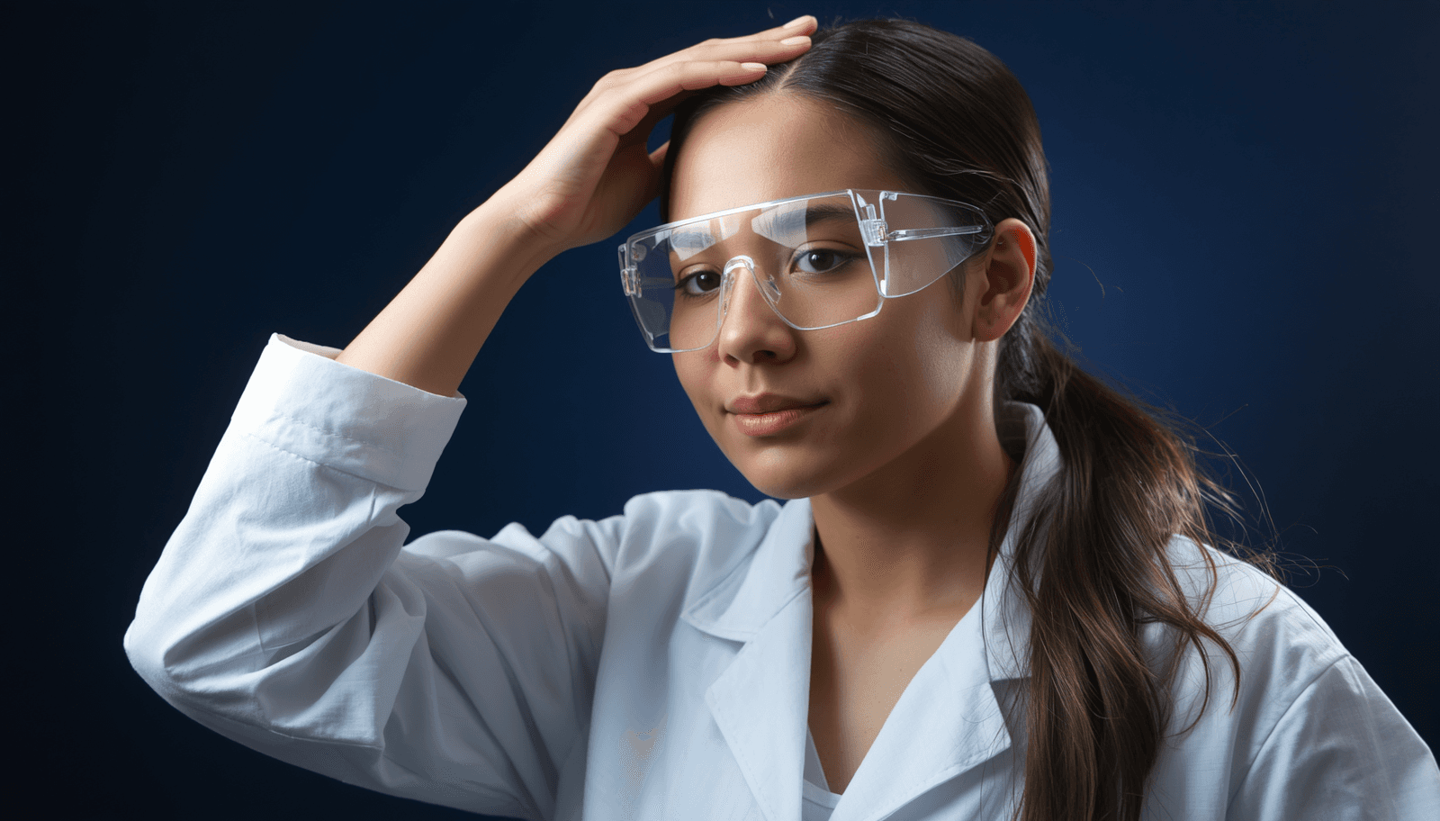 Young Filipino female medical technologist in white coat with safety glasses for MTLE microbiology parasitology reviewer Philippines 2026