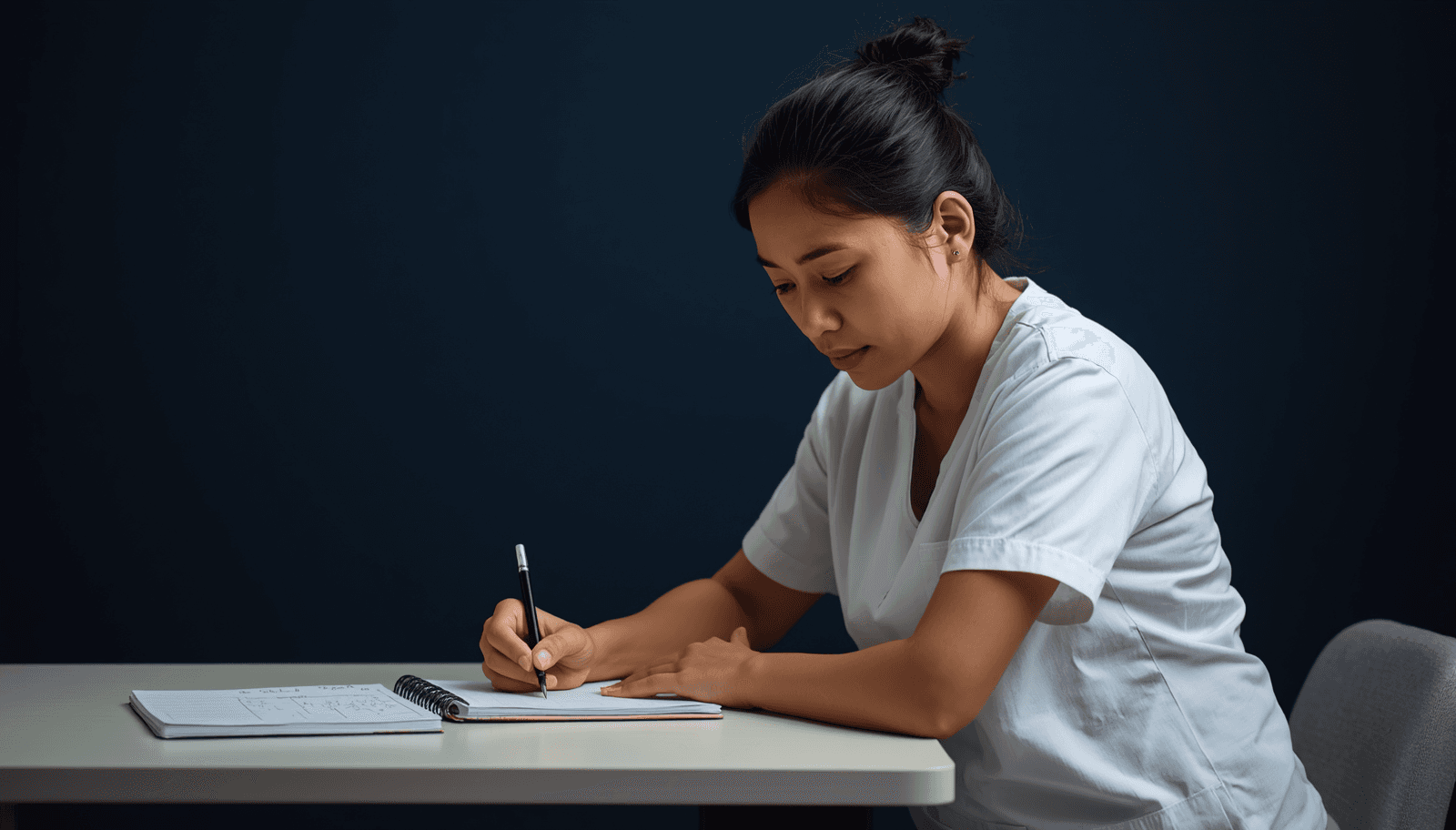 Young Filipino nurse in white scrubs writing study plan in notebook for PNLE self-review Philippines 2026