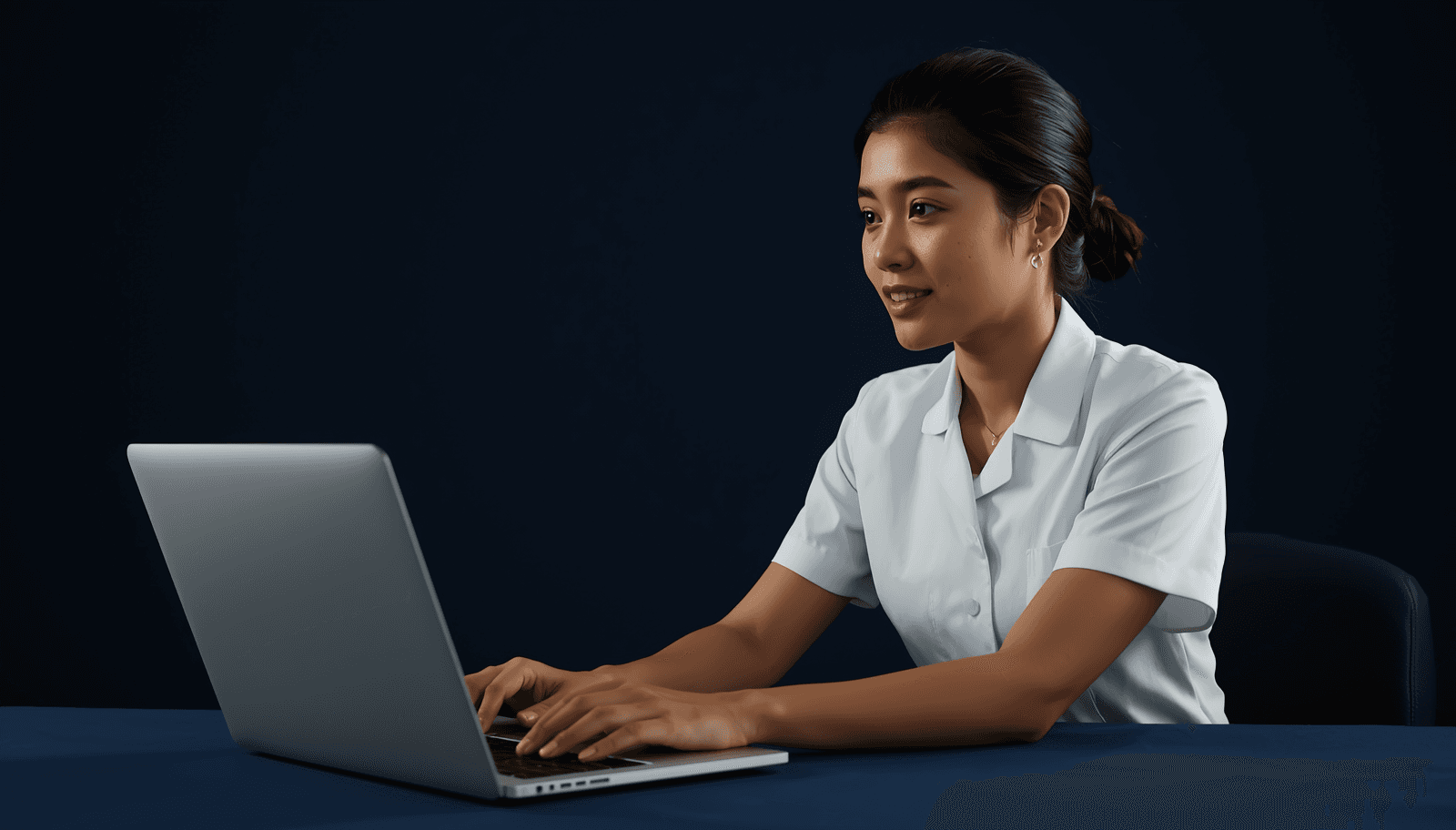 Young Filipino nurse in white uniform using laptop to apply for PNLE via PRC LERIS portal Philippines 2026