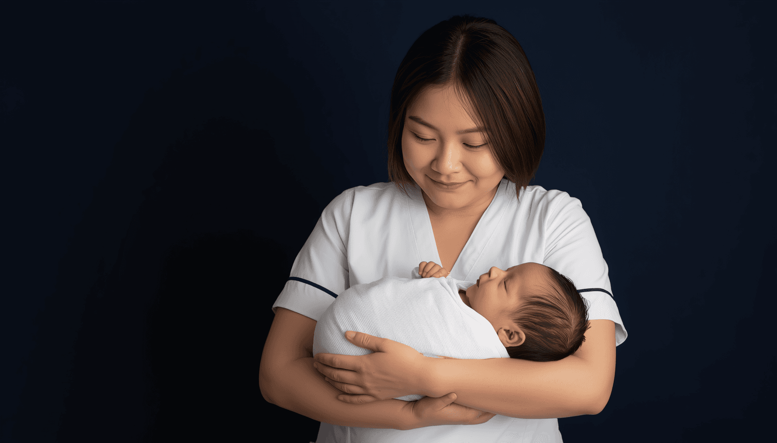 Young Filipino nurse in white uniform gently holding a newborn baby for NLE maternal and child nursing reviewer Philippines 2026