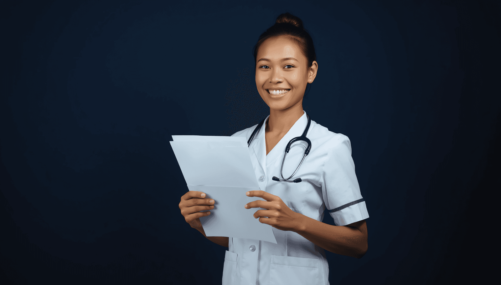 Filipino nurse in white uniform with stethoscope holding documents and smiling for PNLE passing rate results 2026 Philippines