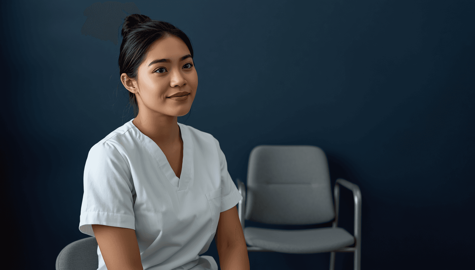 Young Filipino nurse in white scrubs sitting in calm therapeutic setting for NLE psychiatric nursing reviewer Philippines 2026