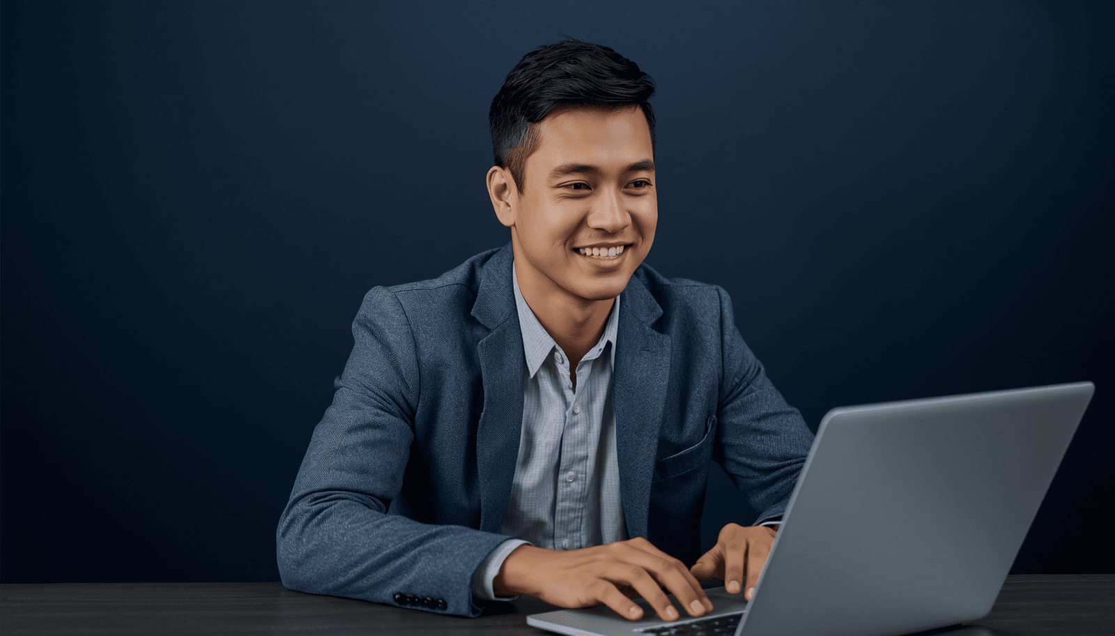 Young Filipino male pharmacist in blazer at laptop for PLE application guide Philippines 2026