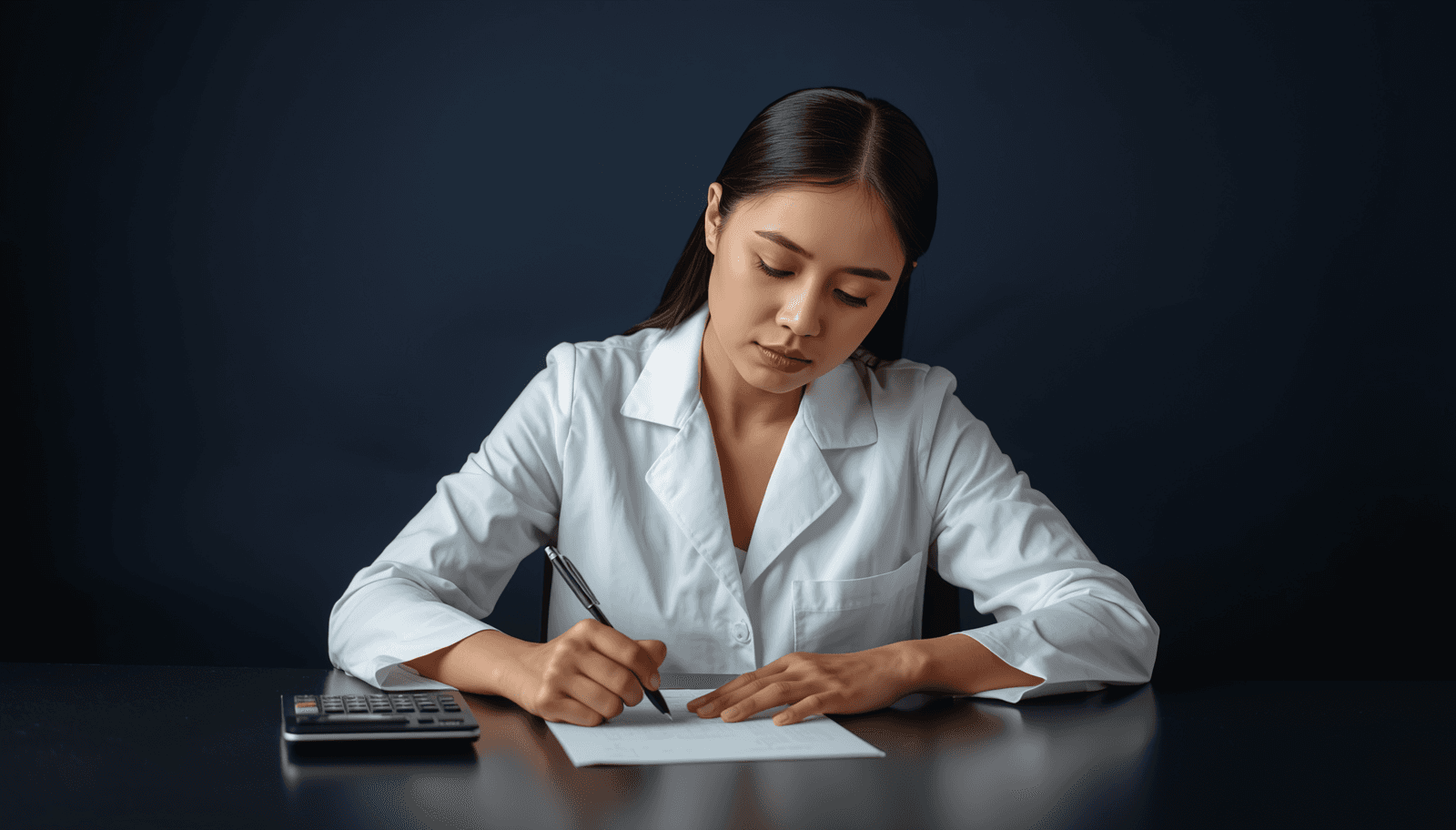 Young Filipino female pharmacist in white coat writing calculations with calculator for PLE pharmaceutical calculations reviewer Philippines 2026