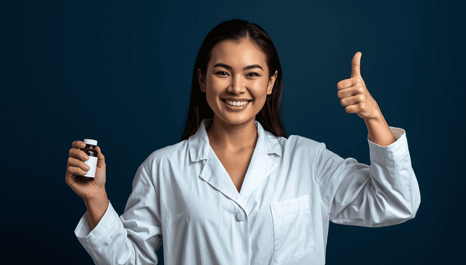 Young Filipino female pharmacist in white coat holding medicine bottle with thumbs up for PLE board exam guide Philippines 2026