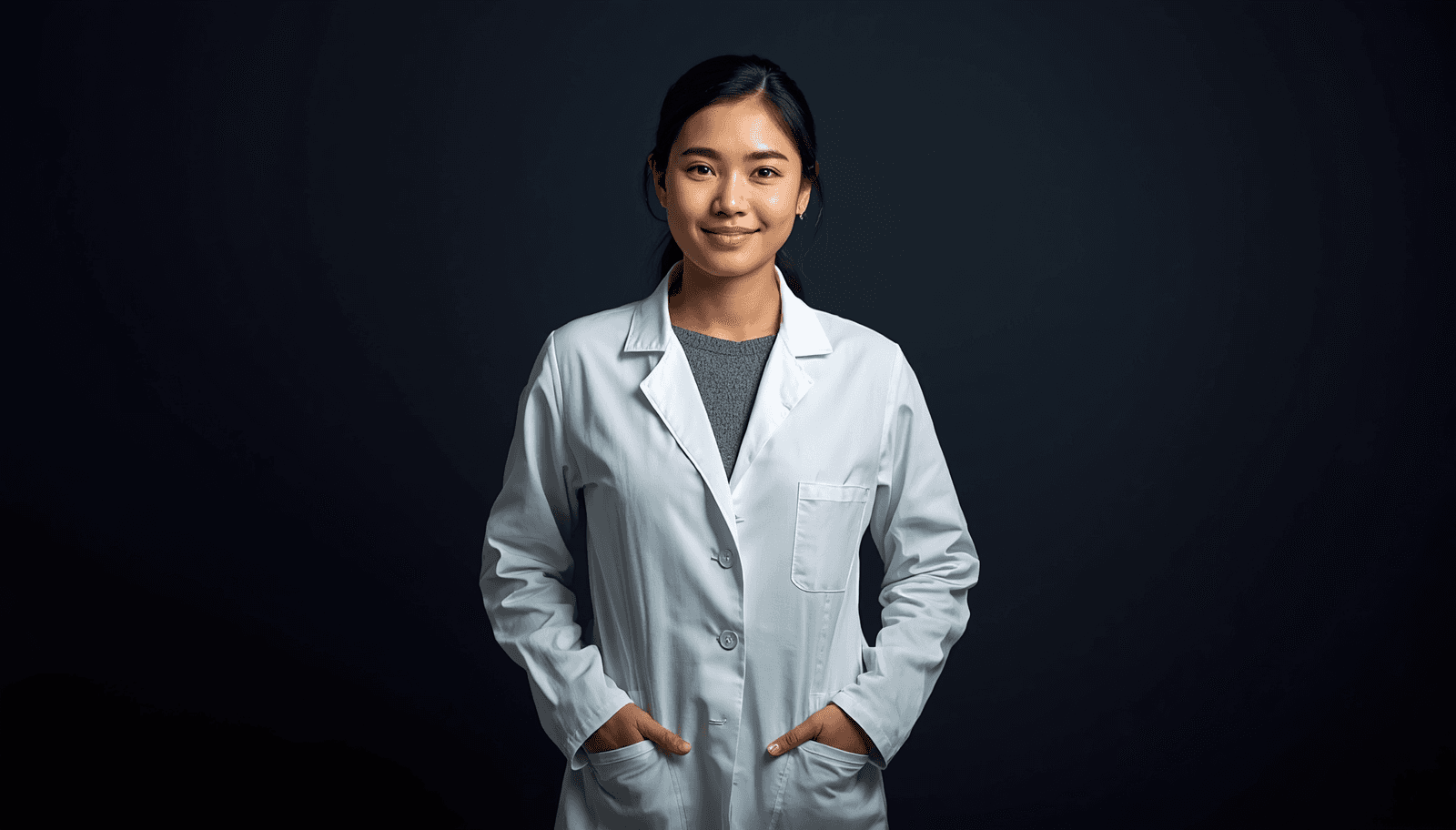 Young Filipino female pharmacist in white coat standing professionally for PLE pharmacy law and ethics reviewer Philippines 2026