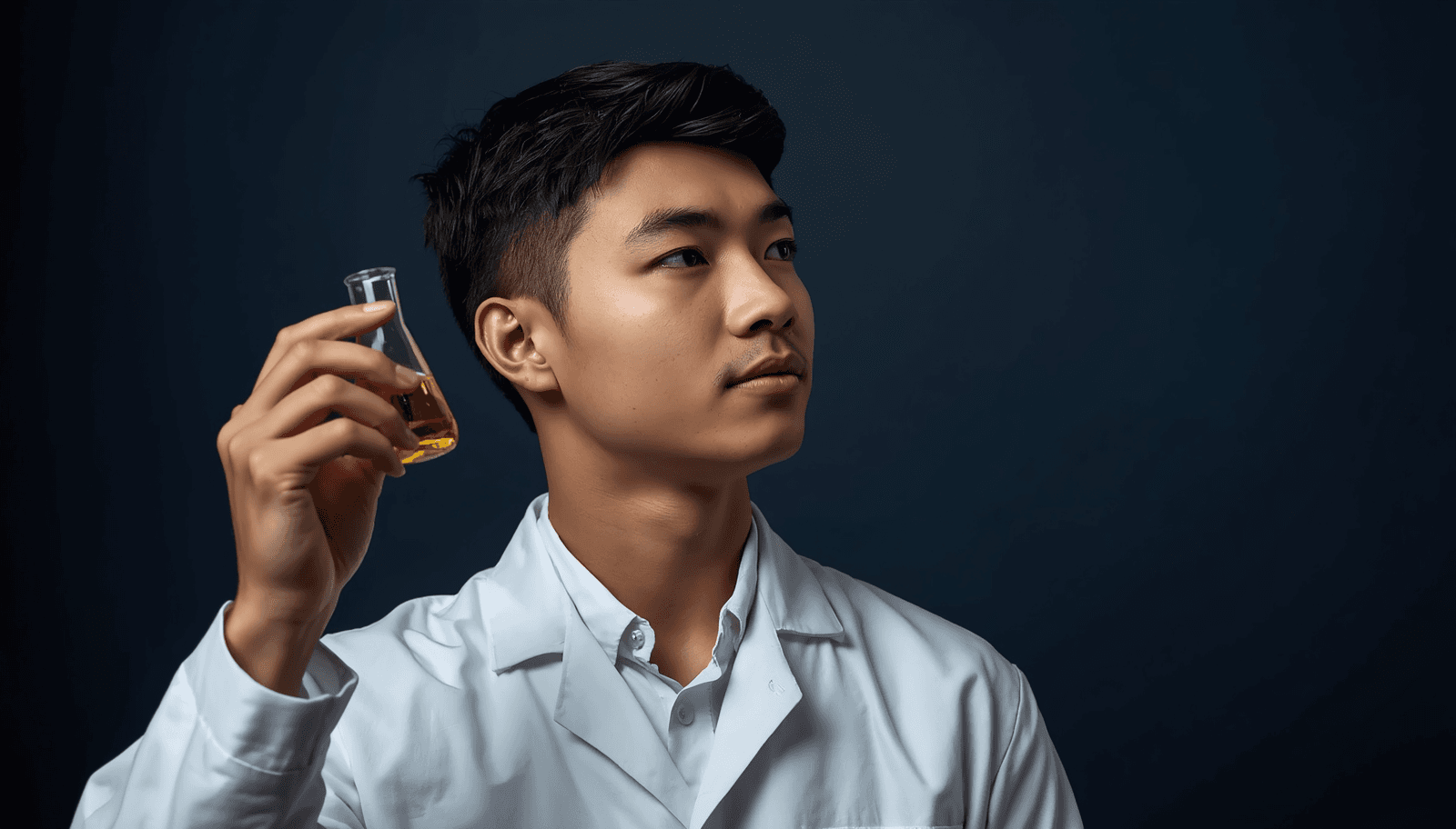 Young Filipino male pharmacist in white coat examining a flask for PLE pharmaceutical chemistry reviewer Philippines 2026