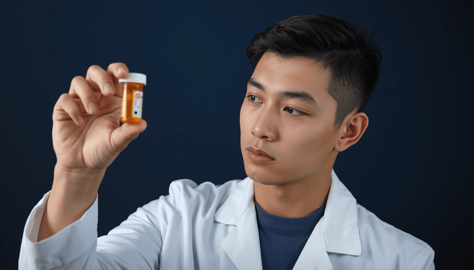 Young Filipino male pharmacist examining prescription bottle for PLE pharmacology reviewer Philippines 2026